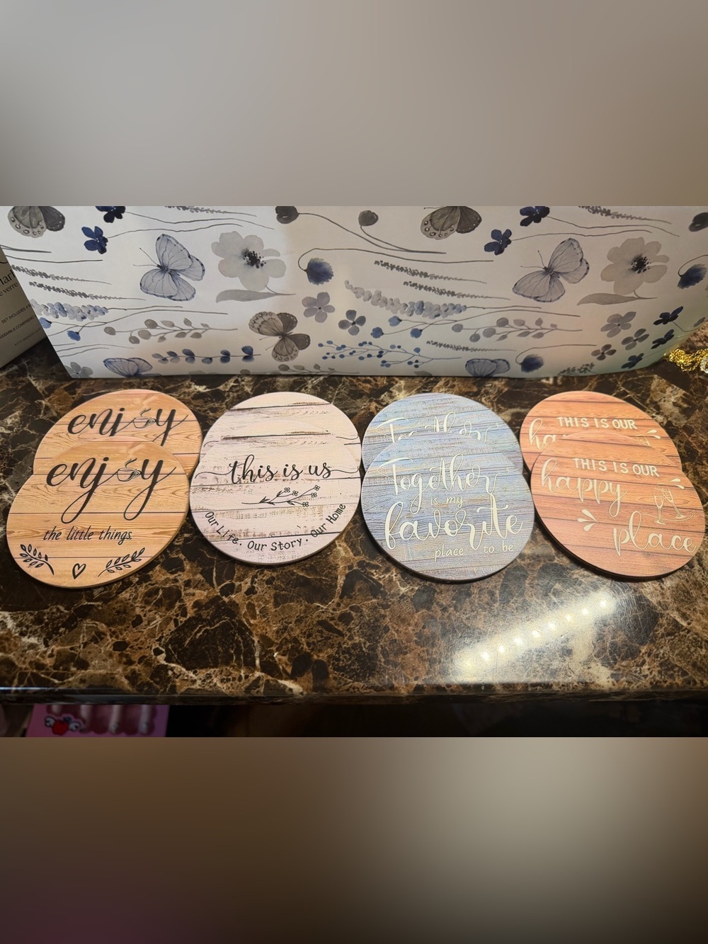 Inspirational Rustic Round Wood 8 Piece Coaster Set